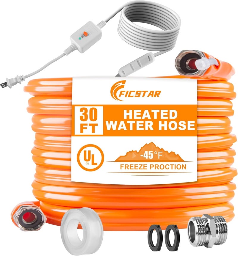 Ficstar 30FT Heated Water Hose for RV, Heated Drinking Water Hose Antifreeze to -45°F, 5/8" I.D. with 3/4" GHT Adapter, Lead and BPA Free,No Odor - Image 1